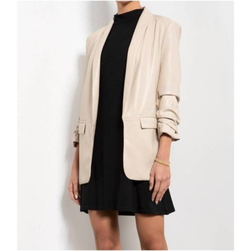 Tart Collections Beige Vegan Faux Leather Ruched 3/4 Sleeve Blazer Small T91206N
